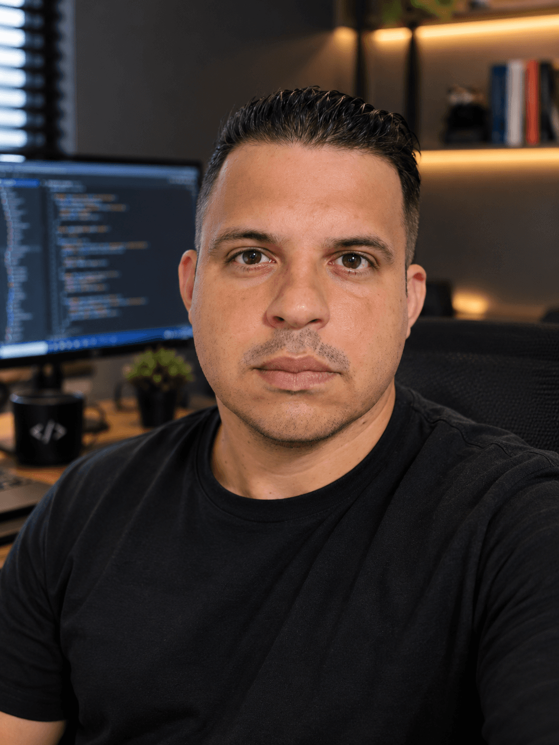 Retrato profissional de Cristiano Martins em ambiente de tecnologia